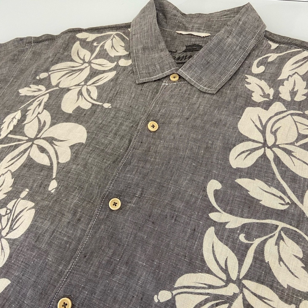 Tommy Bahama Relax Mens XL GreyLinen  Short Sleeve Tropical Print Hawaiian Shirt